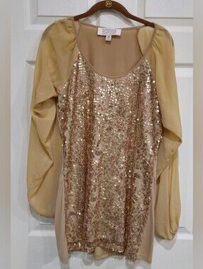 Badgley Mischka Champagne Sequin Long Sleeve Top